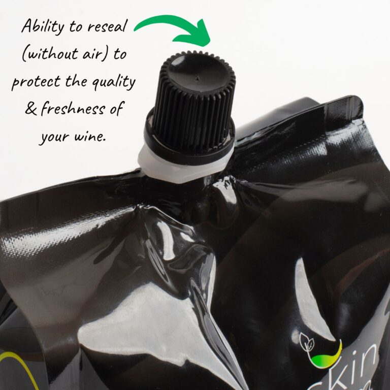 Greenskin Wine in a pouch you can reseal to prtect your wine for up to 3 weeks.